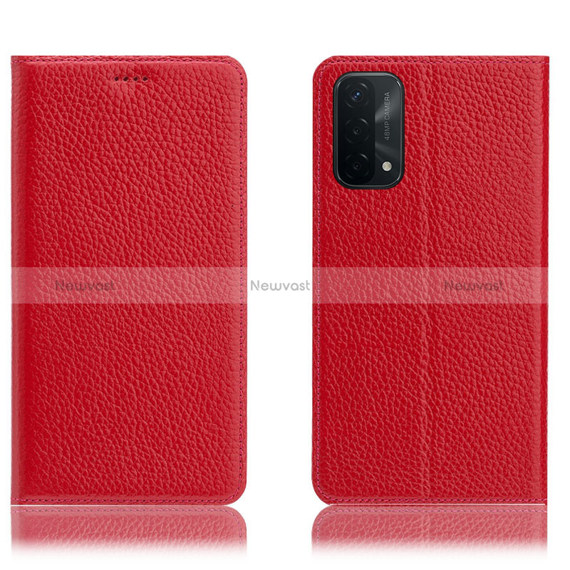 Leather Case Stands Flip Cover Holder H02P for Oppo A74 5G Red
