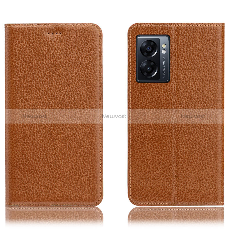 Leather Case Stands Flip Cover Holder H02P for Oppo A77 5G Light Brown
