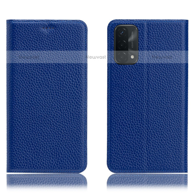 Leather Case Stands Flip Cover Holder H02P for Oppo A93 5G Blue