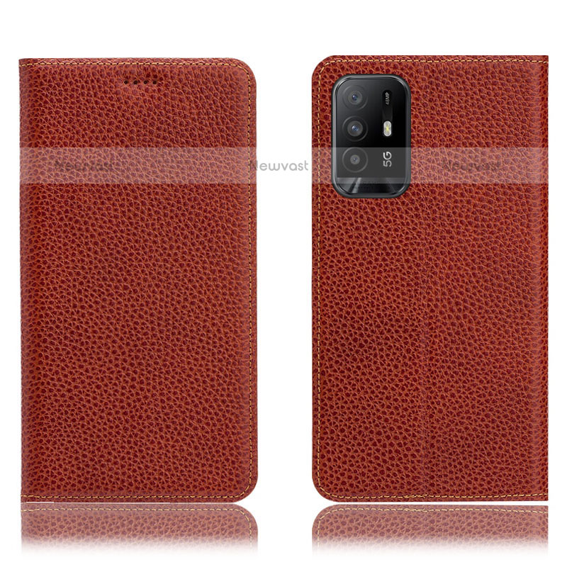 Leather Case Stands Flip Cover Holder H02P for Oppo A94 5G Brown