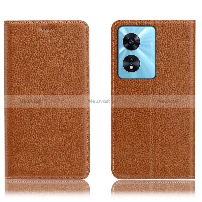 Leather Case Stands Flip Cover Holder H02P for Oppo A98 5G Light Brown