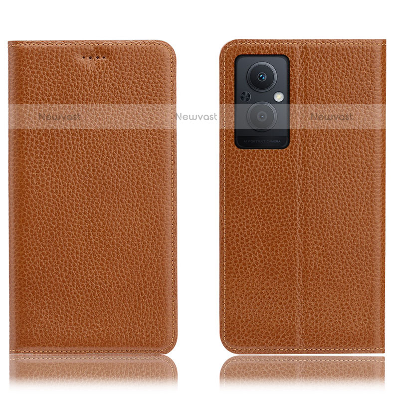 Leather Case Stands Flip Cover Holder H02P for Oppo F21 Pro 5G Light Brown