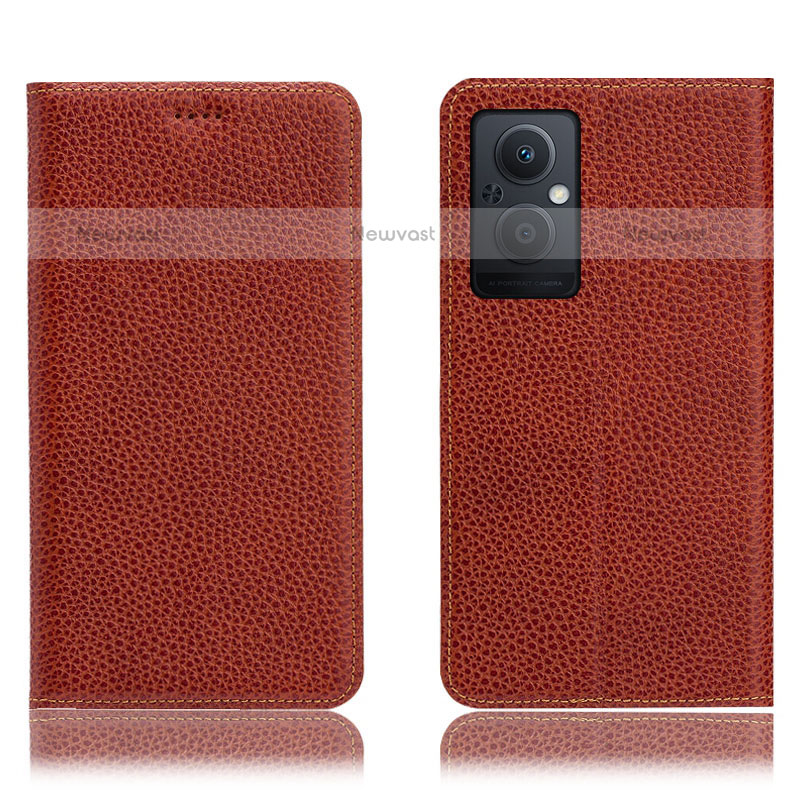 Leather Case Stands Flip Cover Holder H02P for Oppo F21s Pro 5G Brown