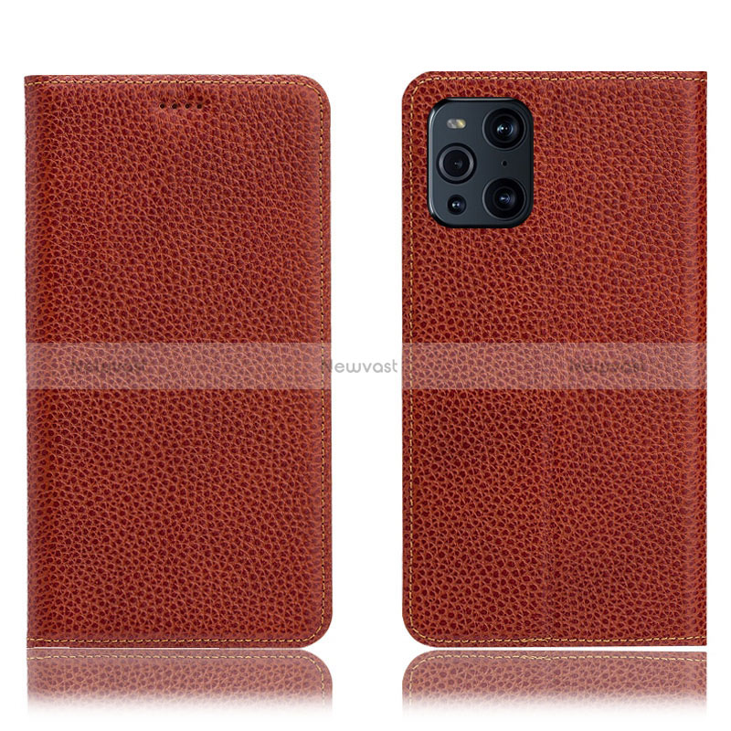 Leather Case Stands Flip Cover Holder H02P for Oppo Find X3 5G Brown