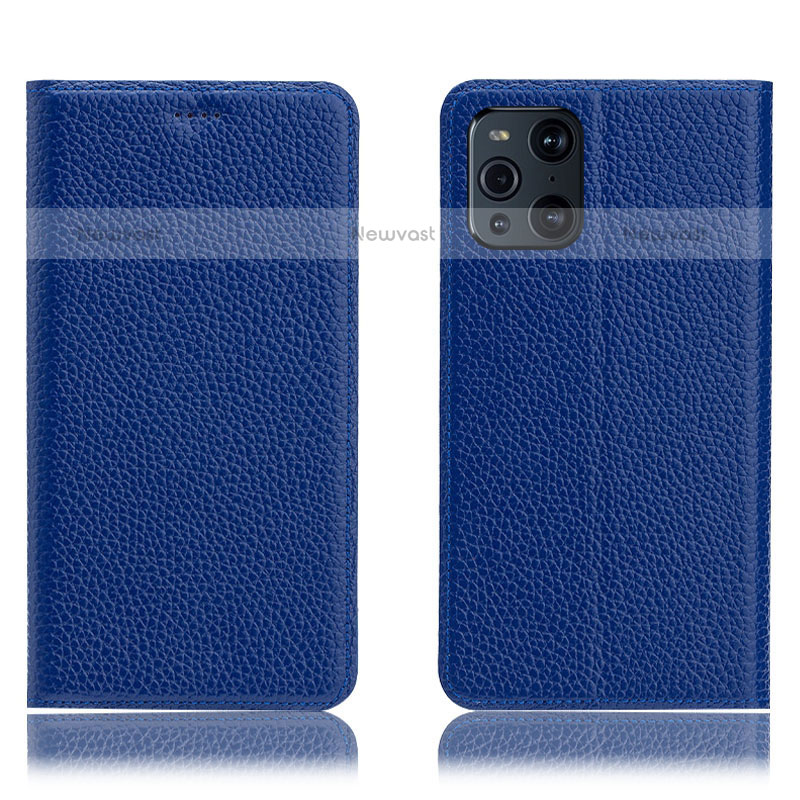 Leather Case Stands Flip Cover Holder H02P for Oppo Find X3 Pro 5G Blue