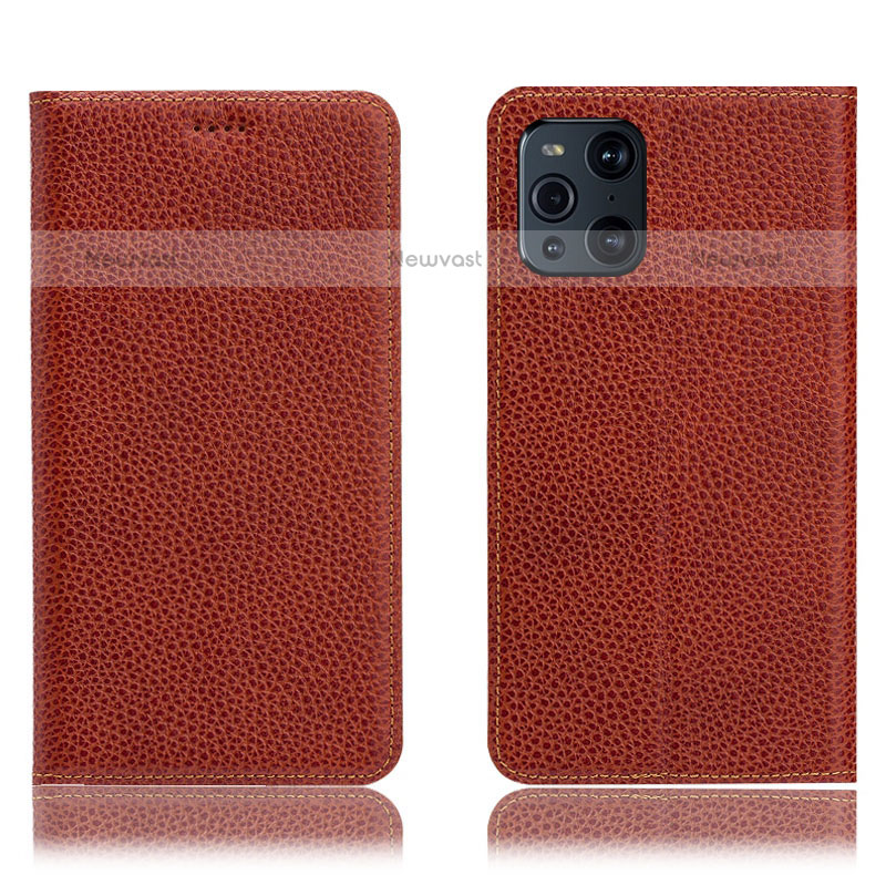 Leather Case Stands Flip Cover Holder H02P for Oppo Find X3 Pro 5G Brown