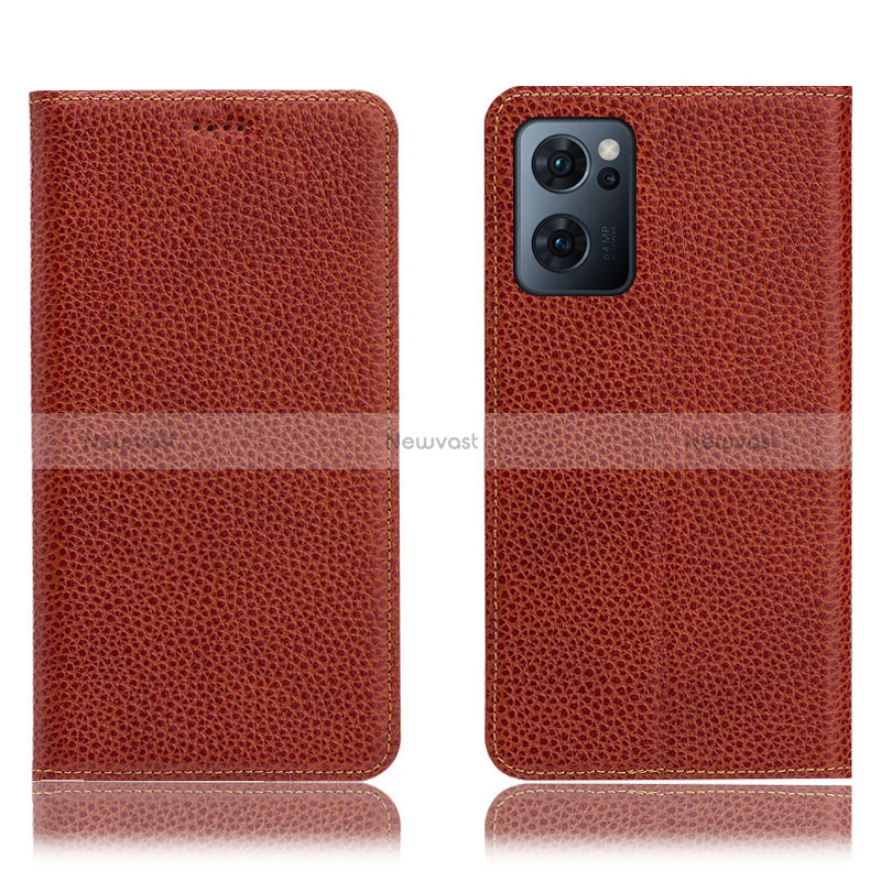 Leather Case Stands Flip Cover Holder H02P for Oppo Find X5 Lite 5G Brown