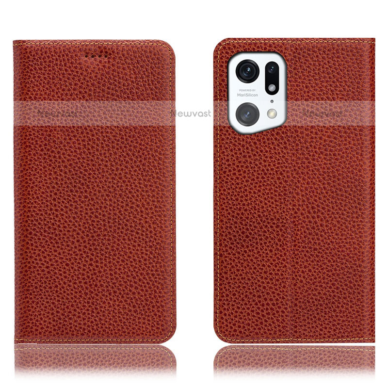 Leather Case Stands Flip Cover Holder H02P for Oppo Find X5 Pro 5G Brown