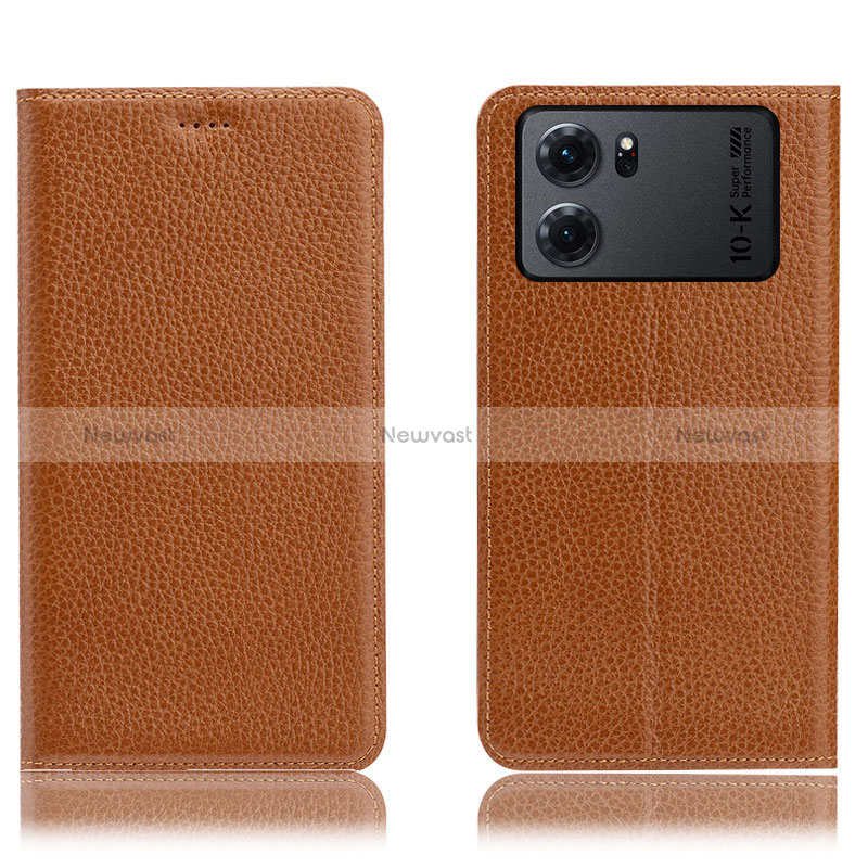 Leather Case Stands Flip Cover Holder H02P for Oppo K10 5G Light Brown