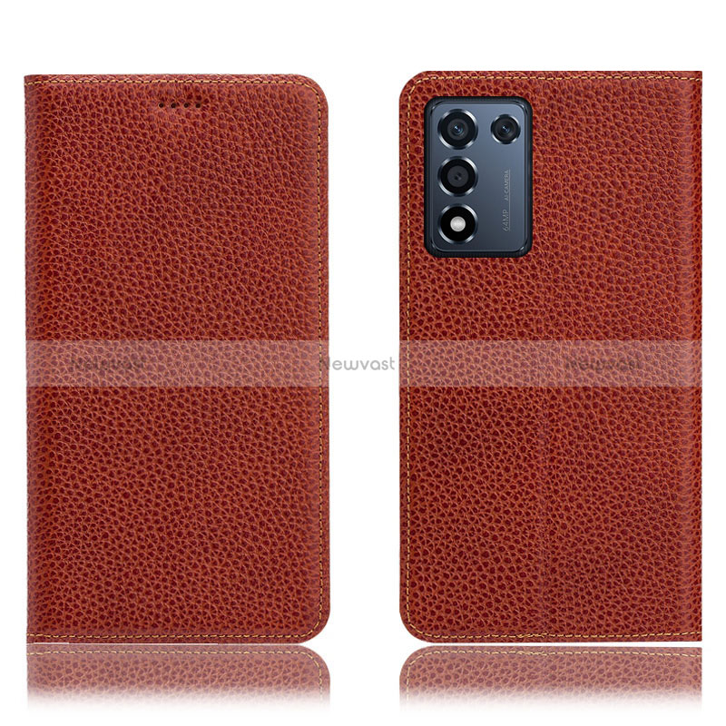 Leather Case Stands Flip Cover Holder H02P for Oppo K9S 5G Brown