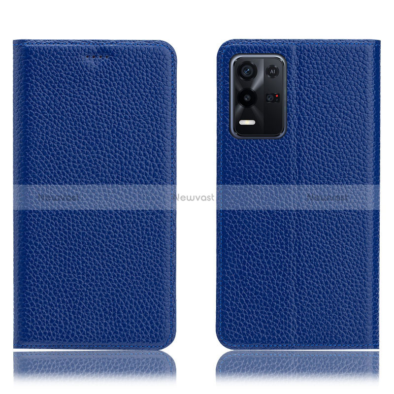 Leather Case Stands Flip Cover Holder H02P for Oppo K9X 5G Blue