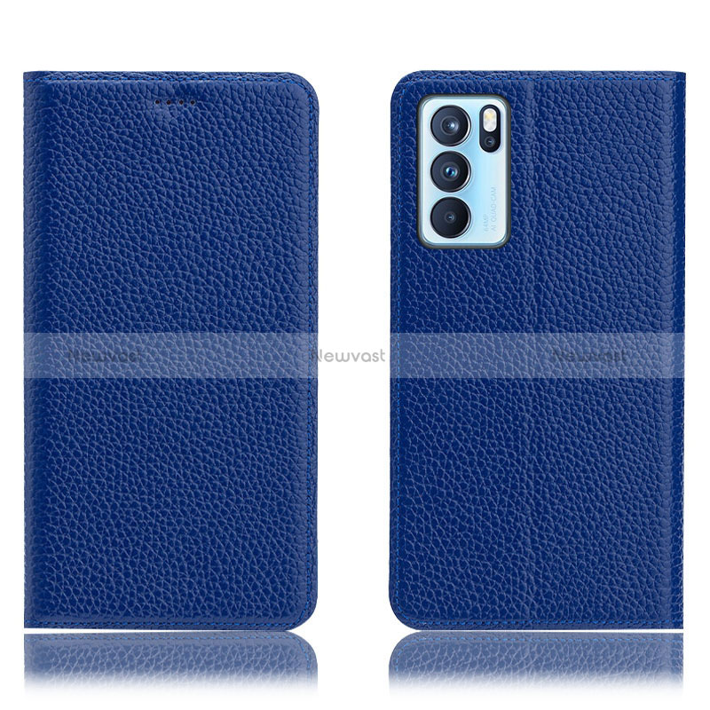 Leather Case Stands Flip Cover Holder H02P for Oppo Reno6 Pro 5G India Blue