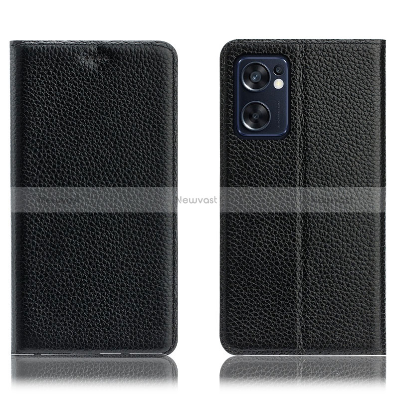 Leather Case Stands Flip Cover Holder H02P for Oppo Reno7 SE 5G Black