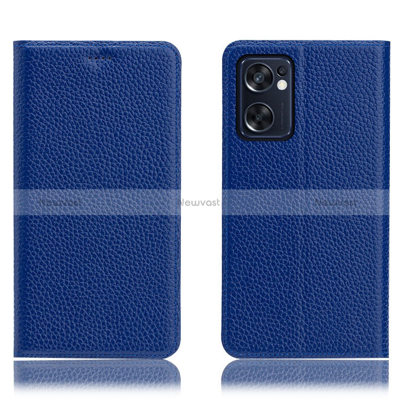 Leather Case Stands Flip Cover Holder H02P for Oppo Reno7 SE 5G Blue