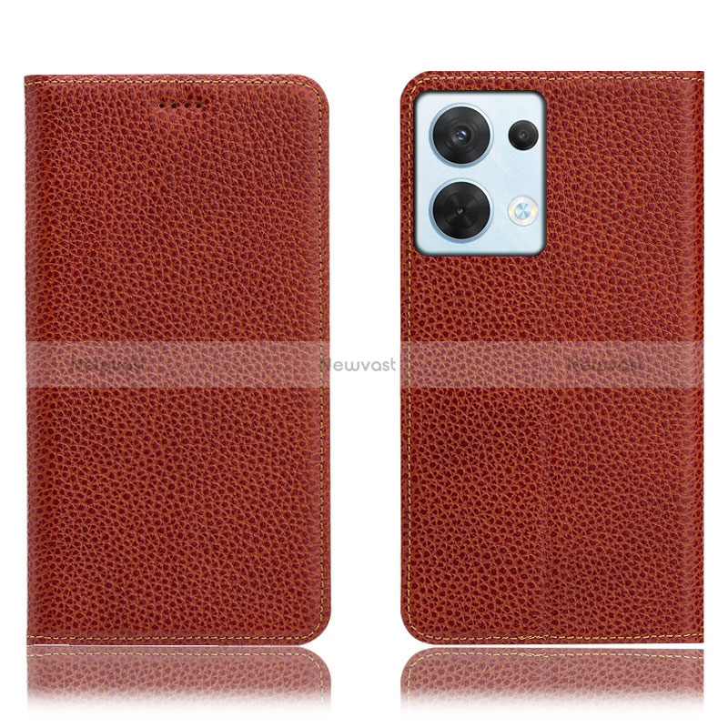 Leather Case Stands Flip Cover Holder H02P for Oppo Reno8 5G Brown