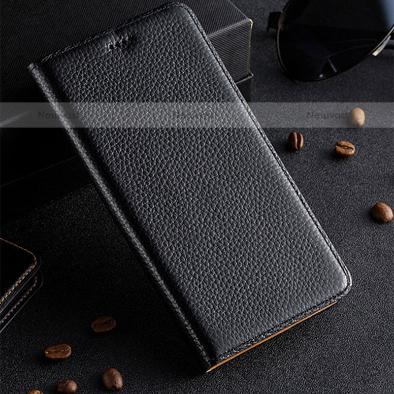 Leather Case Stands Flip Cover Holder H02P for Samsung Galaxy A12 Black