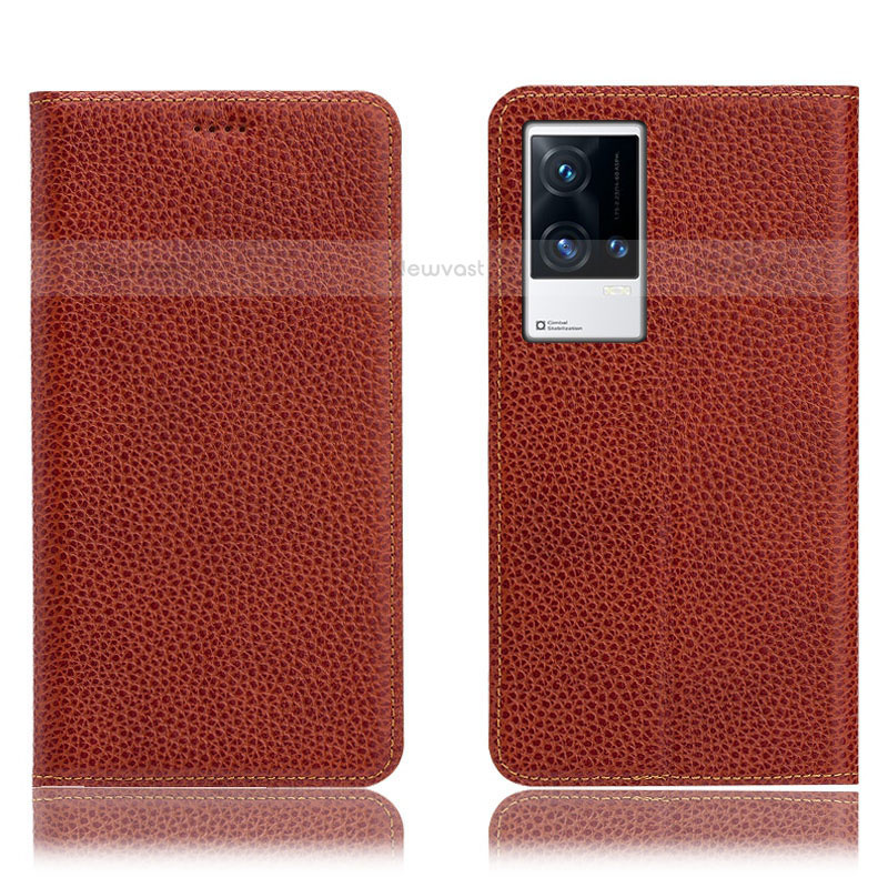 Leather Case Stands Flip Cover Holder H02P for Vivo iQOO 8 5G Brown