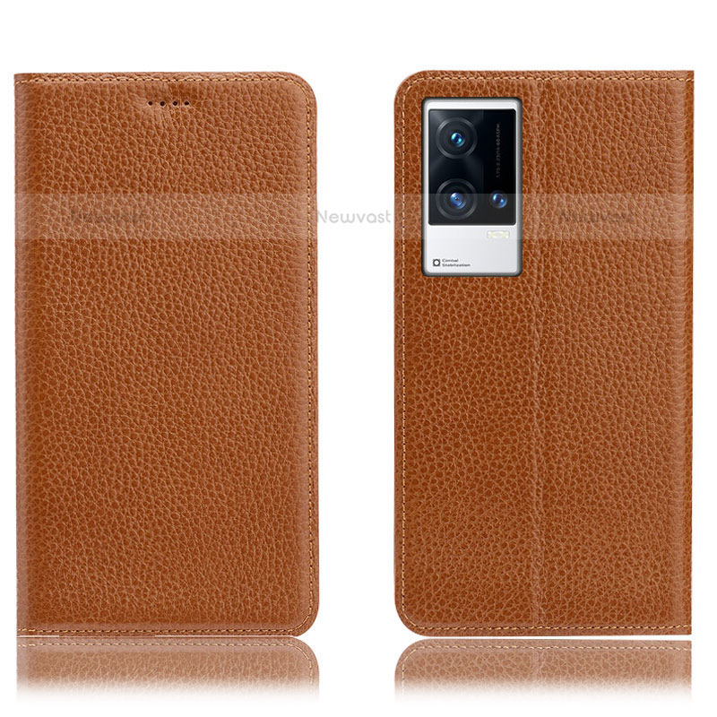 Leather Case Stands Flip Cover Holder H02P for Vivo iQOO 8 Pro 5G Light Brown