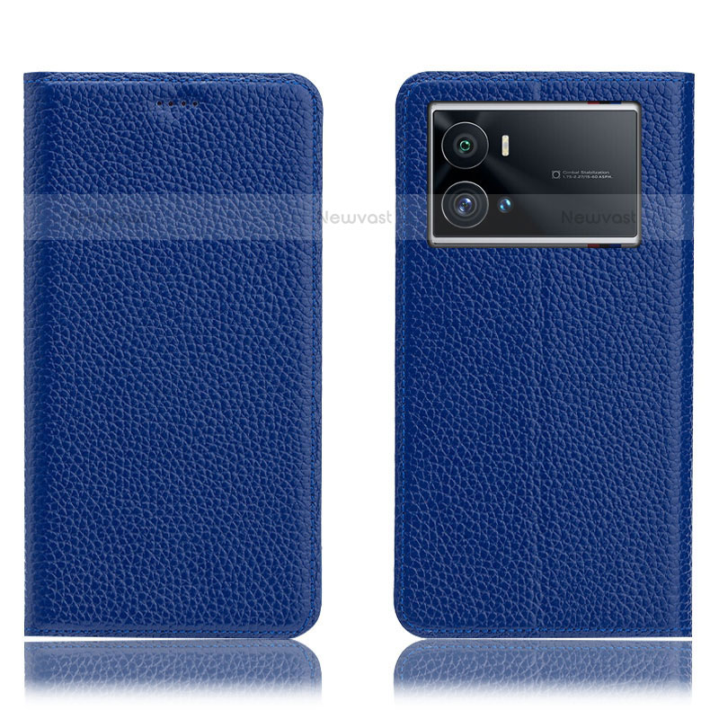 Leather Case Stands Flip Cover Holder H02P for Vivo iQOO 9 5G Blue