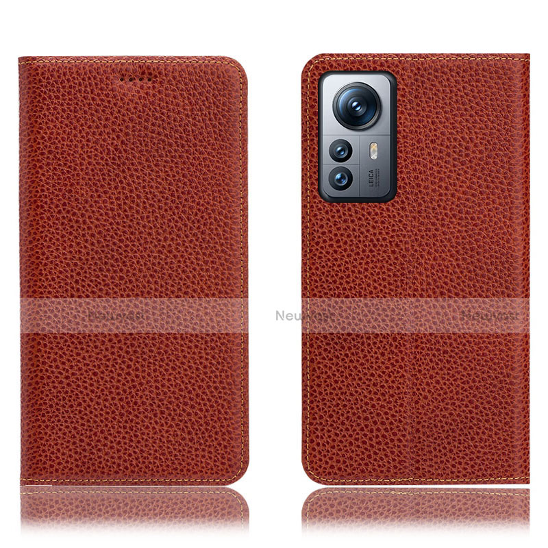 Leather Case Stands Flip Cover Holder H02P for Xiaomi Mi 12 5G Brown