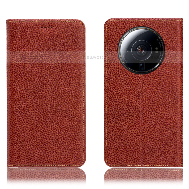 Leather Case Stands Flip Cover Holder H02P for Xiaomi Mi 12 Ultra 5G Brown