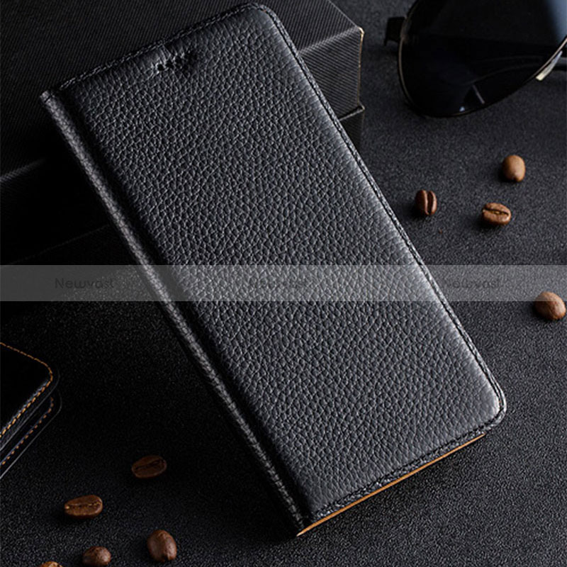 Leather Case Stands Flip Cover Holder H02P for Xiaomi Redmi 9 Prime India Black