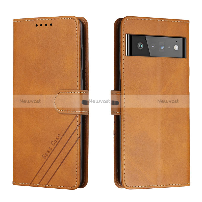 Leather Case Stands Flip Cover Holder H02X for Google Pixel 6 5G Light Brown