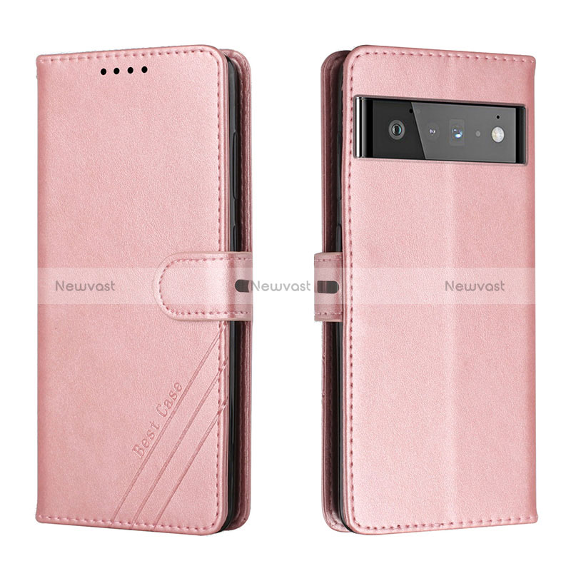 Leather Case Stands Flip Cover Holder H02X for Google Pixel 6 5G Rose Gold