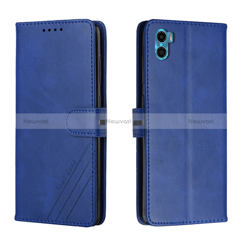 Leather Case Stands Flip Cover Holder H02X for Motorola Moto E22S Blue