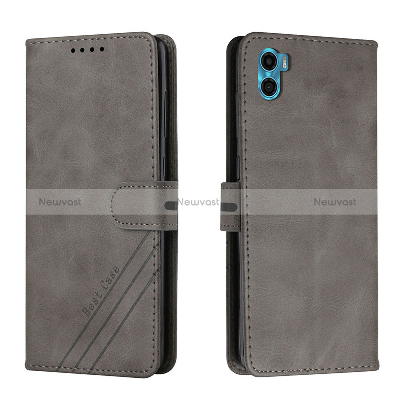 Leather Case Stands Flip Cover Holder H02X for Motorola Moto E32 India Gray