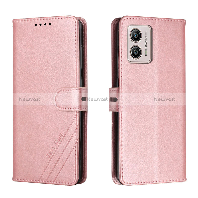 Leather Case Stands Flip Cover Holder H02X for Motorola Moto G53j 5G Rose Gold