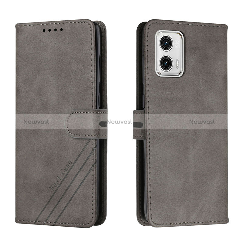 Leather Case Stands Flip Cover Holder H02X for Motorola Moto G73 5G Gray