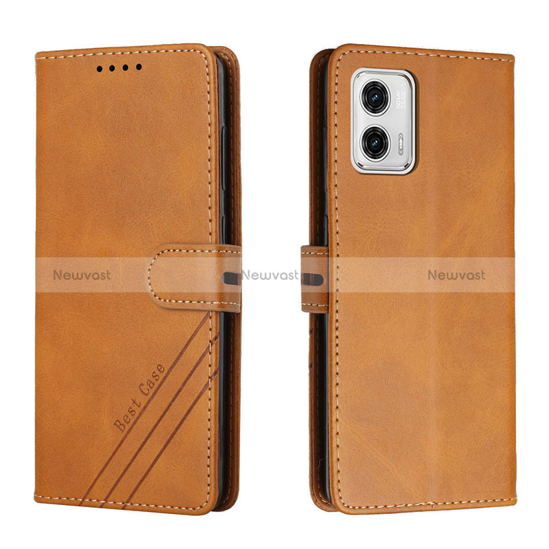 Leather Case Stands Flip Cover Holder H02X for Motorola Moto G73 5G Light Brown