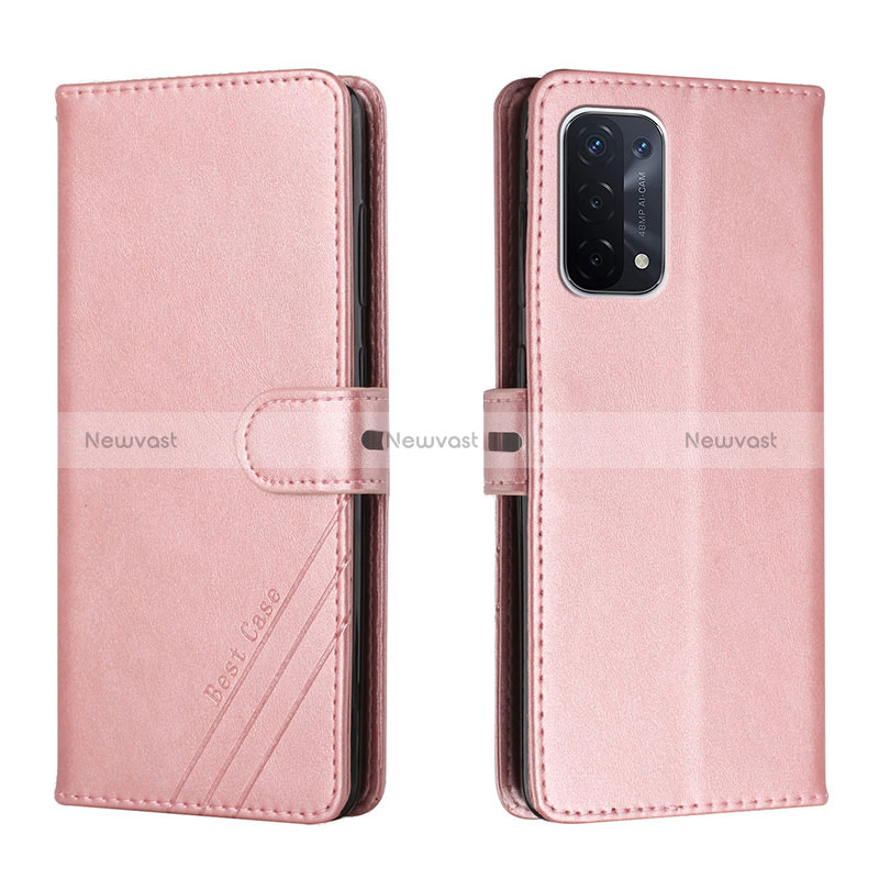 Leather Case Stands Flip Cover Holder H02X for Oppo A54 5G Rose Gold