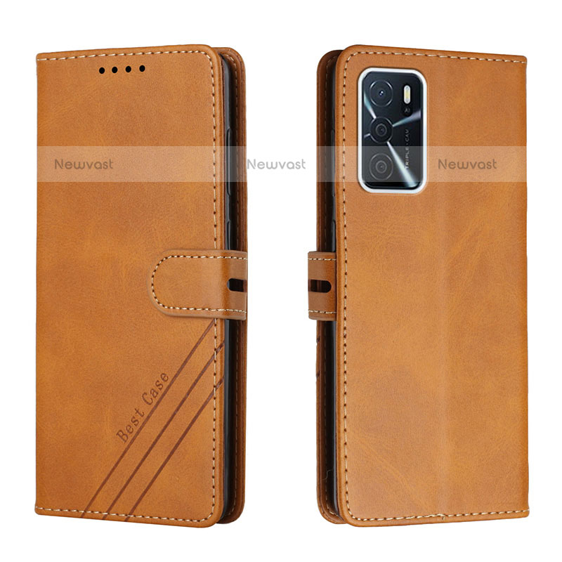 Leather Case Stands Flip Cover Holder H02X for Oppo A55 5G Light Brown