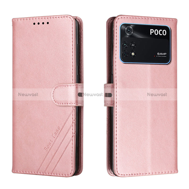 Leather Case Stands Flip Cover Holder H02X for Xiaomi Poco M4 Pro 4G Rose Gold