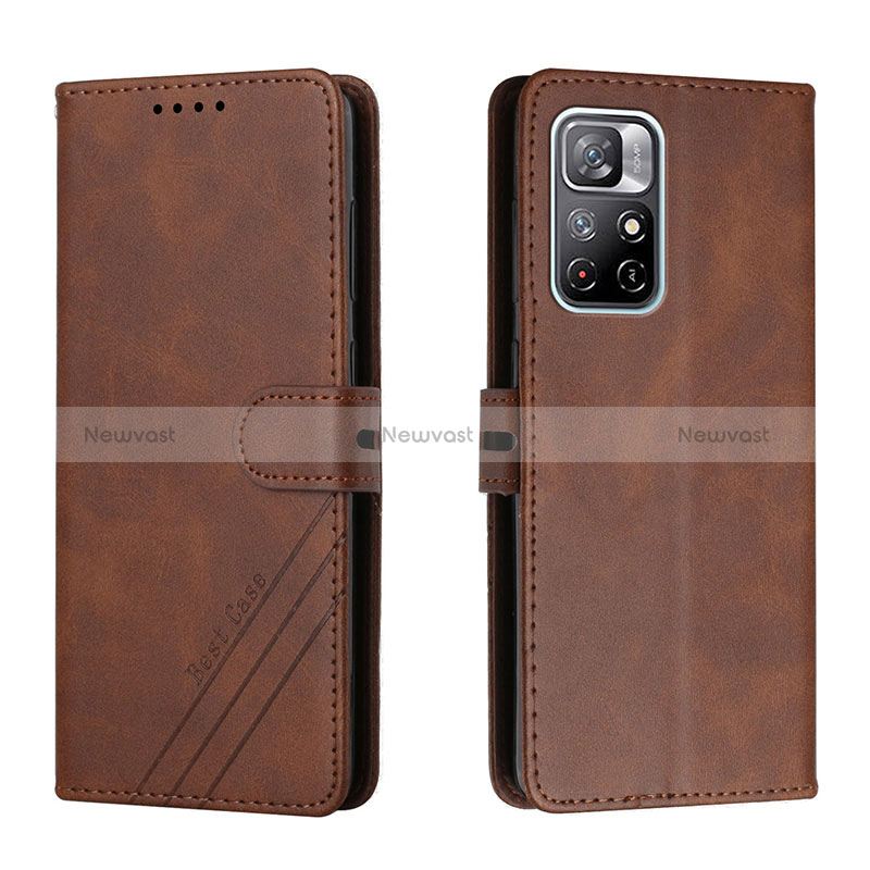 Leather Case Stands Flip Cover Holder H02X for Xiaomi Poco M4 Pro 5G Brown