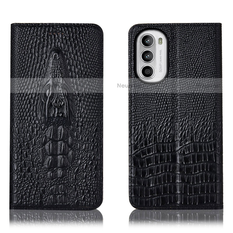 Leather Case Stands Flip Cover Holder H03P for Motorola Moto Edge (2022) 5G Black