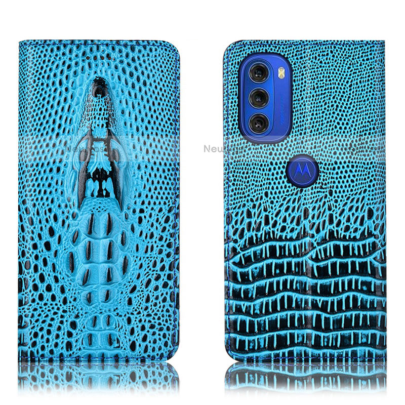 Leather Case Stands Flip Cover Holder H03P for Motorola Moto G51 5G Sky Blue