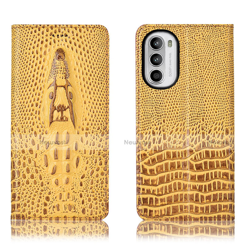 Leather Case Stands Flip Cover Holder H03P for Motorola Moto G71s 5G Yellow