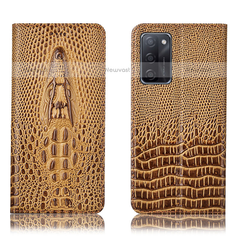 Leather Case Stands Flip Cover Holder H03P for Oppo A55S 5G Brown