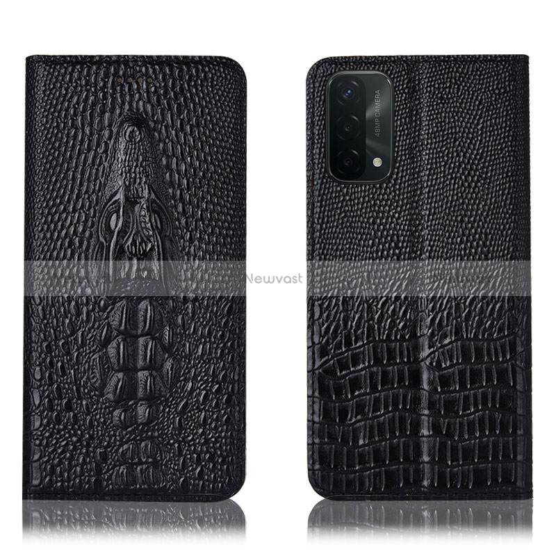 Leather Case Stands Flip Cover Holder H03P for Oppo A74 5G Black
