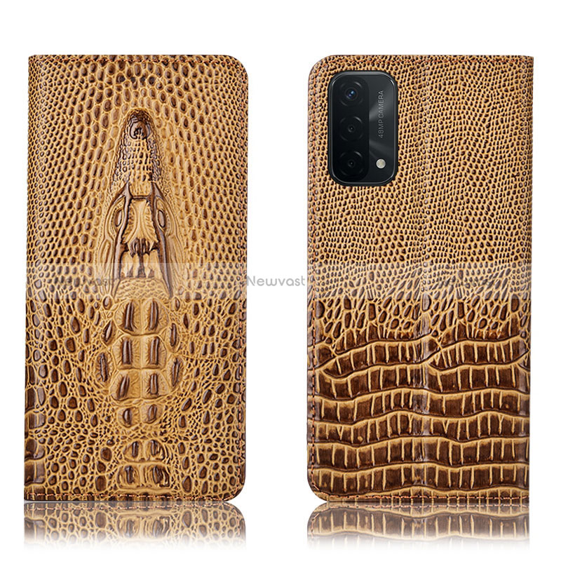 Leather Case Stands Flip Cover Holder H03P for Oppo A74 5G Brown