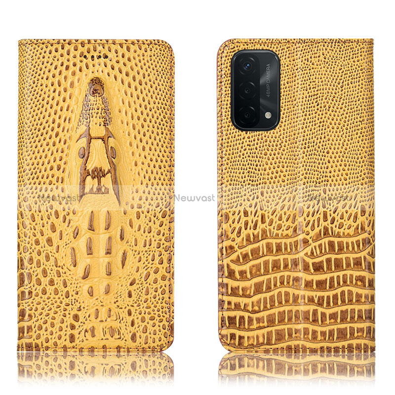 Leather Case Stands Flip Cover Holder H03P for Oppo A74 5G Yellow