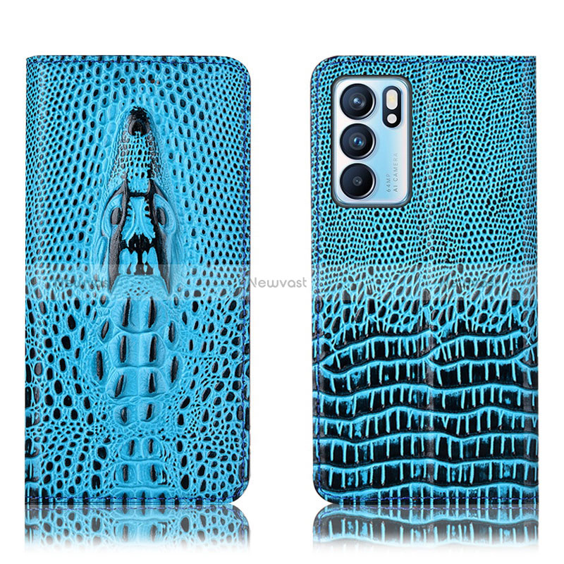 Leather Case Stands Flip Cover Holder H03P for Oppo Reno6 5G Sky Blue