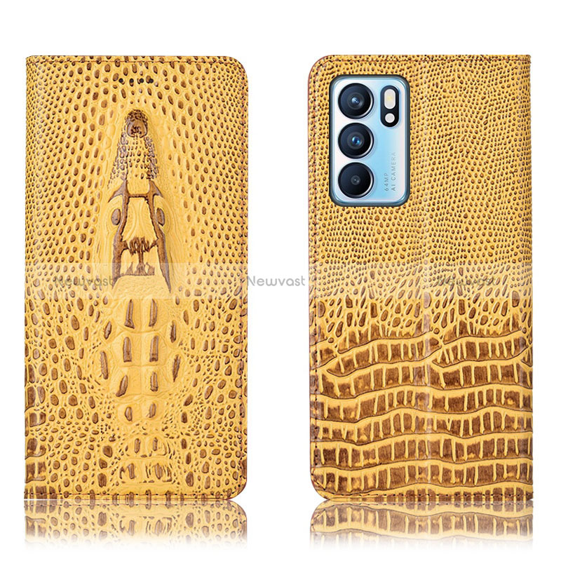 Leather Case Stands Flip Cover Holder H03P for Oppo Reno6 5G Yellow