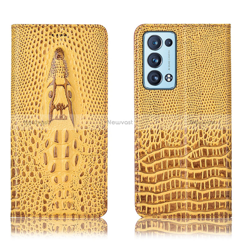 Leather Case Stands Flip Cover Holder H03P for Oppo Reno6 Pro 5G Yellow