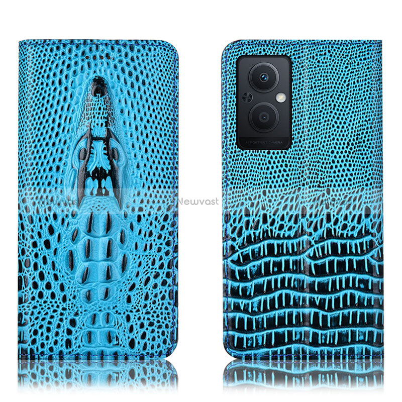 Leather Case Stands Flip Cover Holder H03P for Oppo Reno7 Lite 5G Sky Blue