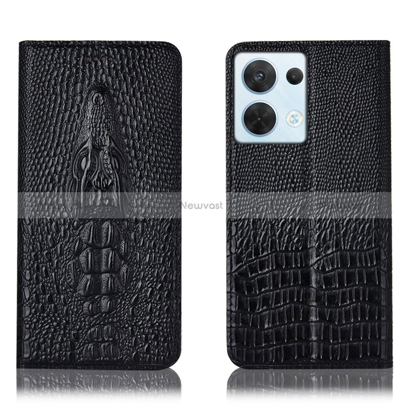 Leather Case Stands Flip Cover Holder H03P for Oppo Reno9 Pro 5G Black