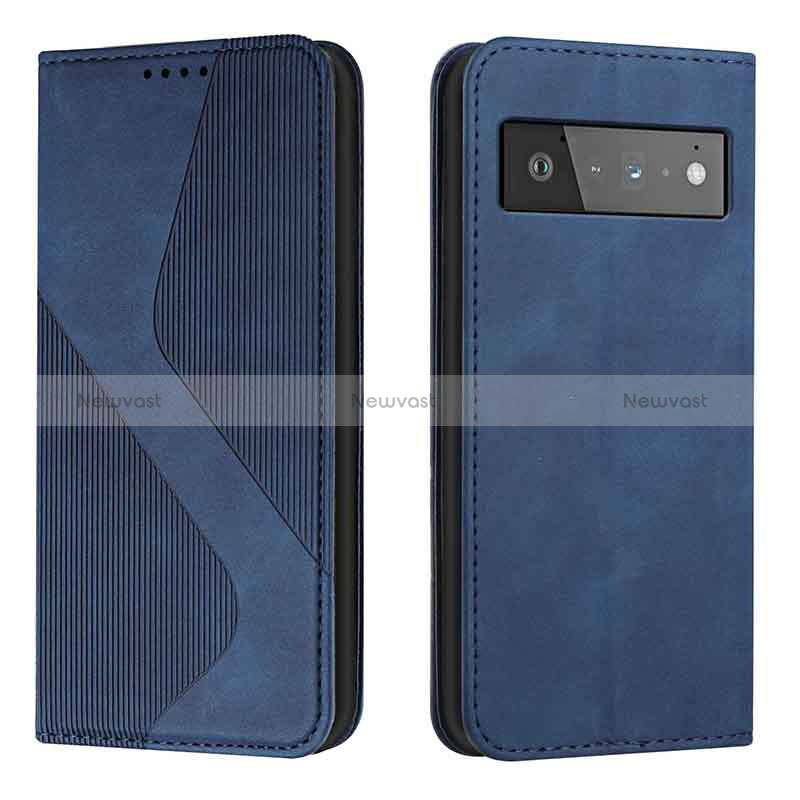 Leather Case Stands Flip Cover Holder H03X for Google Pixel 6 5G Blue